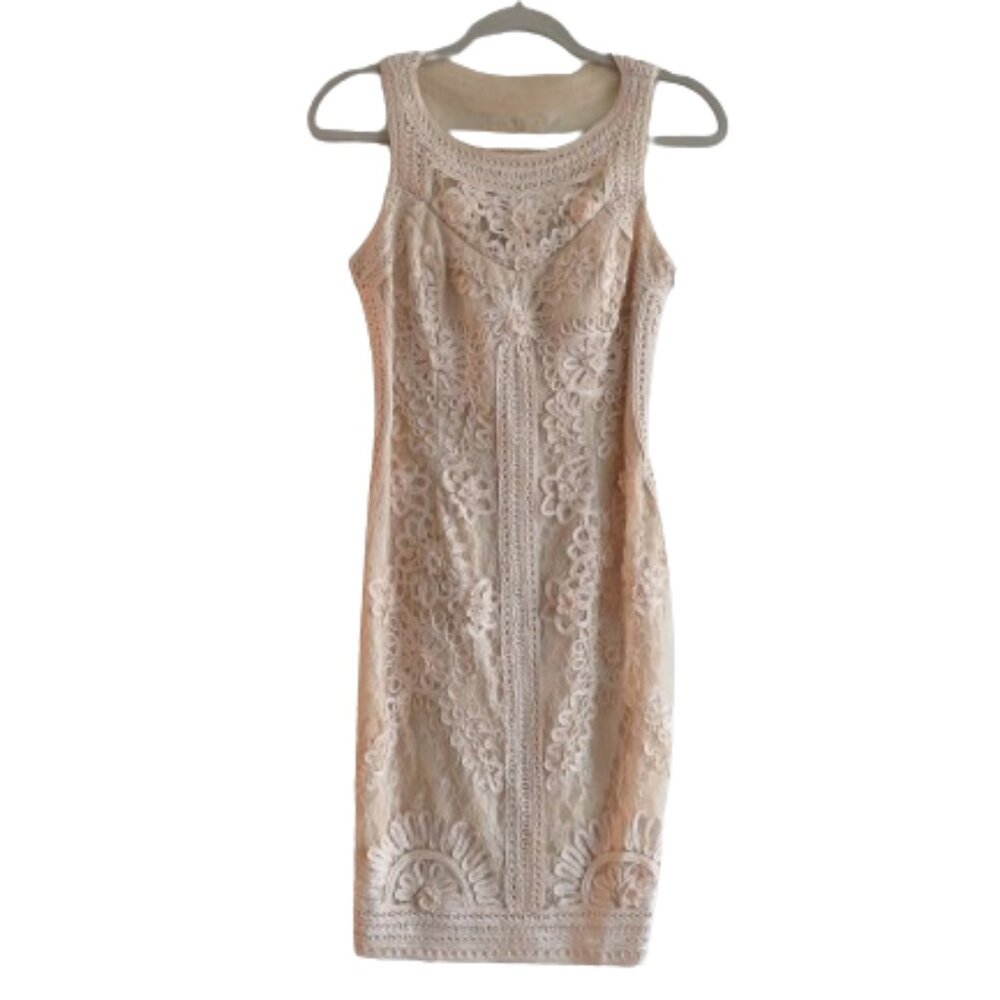 VINTAGE SUE WONG NOCTURNE Cream Soutache Lace Floral Shift Dress Y2K - Size US 8